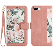 Allytech iPhone SE 3rd 2nd Gen Wallet Case 2022/2020, iPhone 8/7 Case, Chic Flower Pattern Shoulder Strap Hand Wrist PU Leather Cards Holder Stand Protective Flip Folio Cover for Girls - Pink